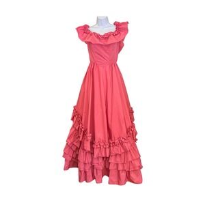 Vintage Pink Ruffle Prairie Dress Cottagecore Romantic Prom Southern Belle